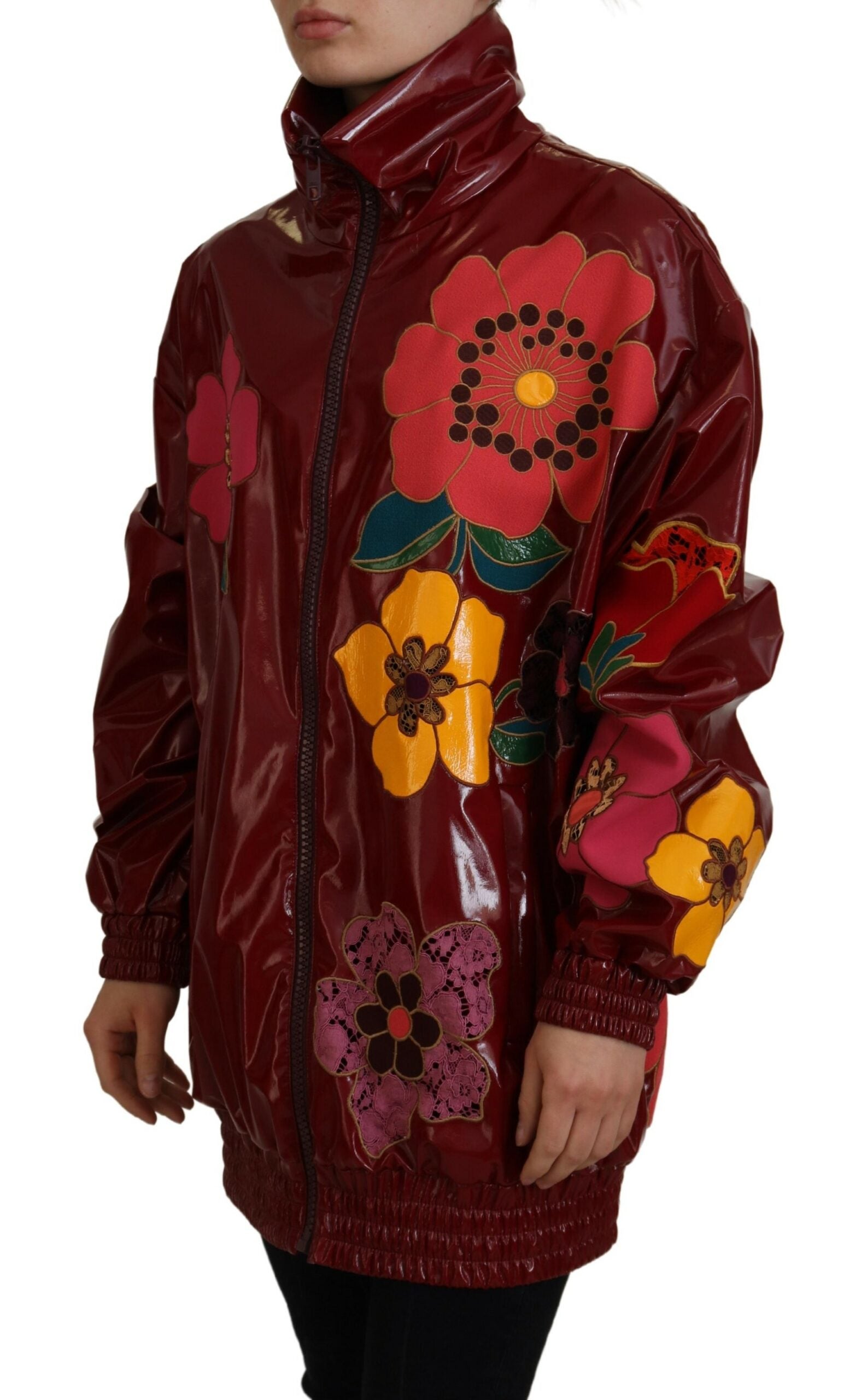 Dolce & Gabbana Maroon Floral Full Zip Polyester Women's Jacket